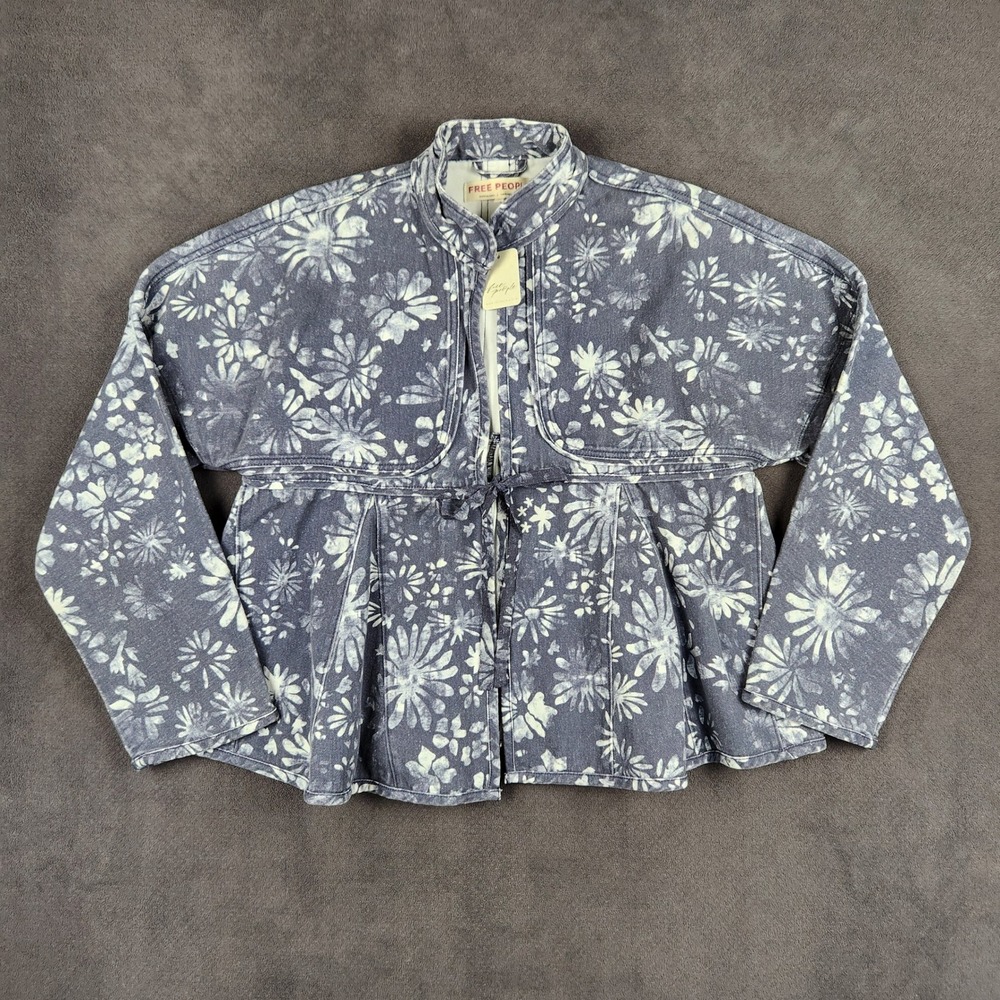 Free People Lua Bed Jacket Womens XS Indigo Floral Boho Babydoll  Pleated NEW
